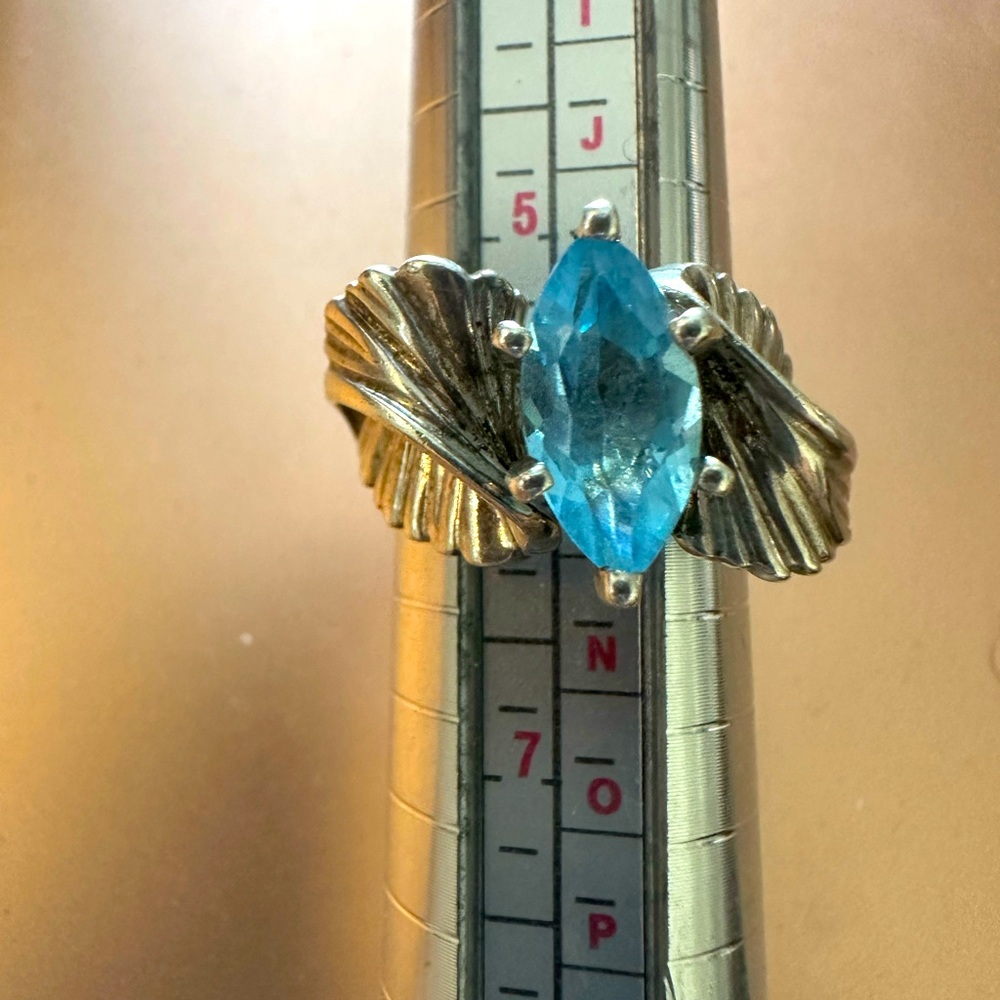 Vintage Art Deco Sterling Silver Ring 2ct Swiss Blue Topaz solitaire Leaf